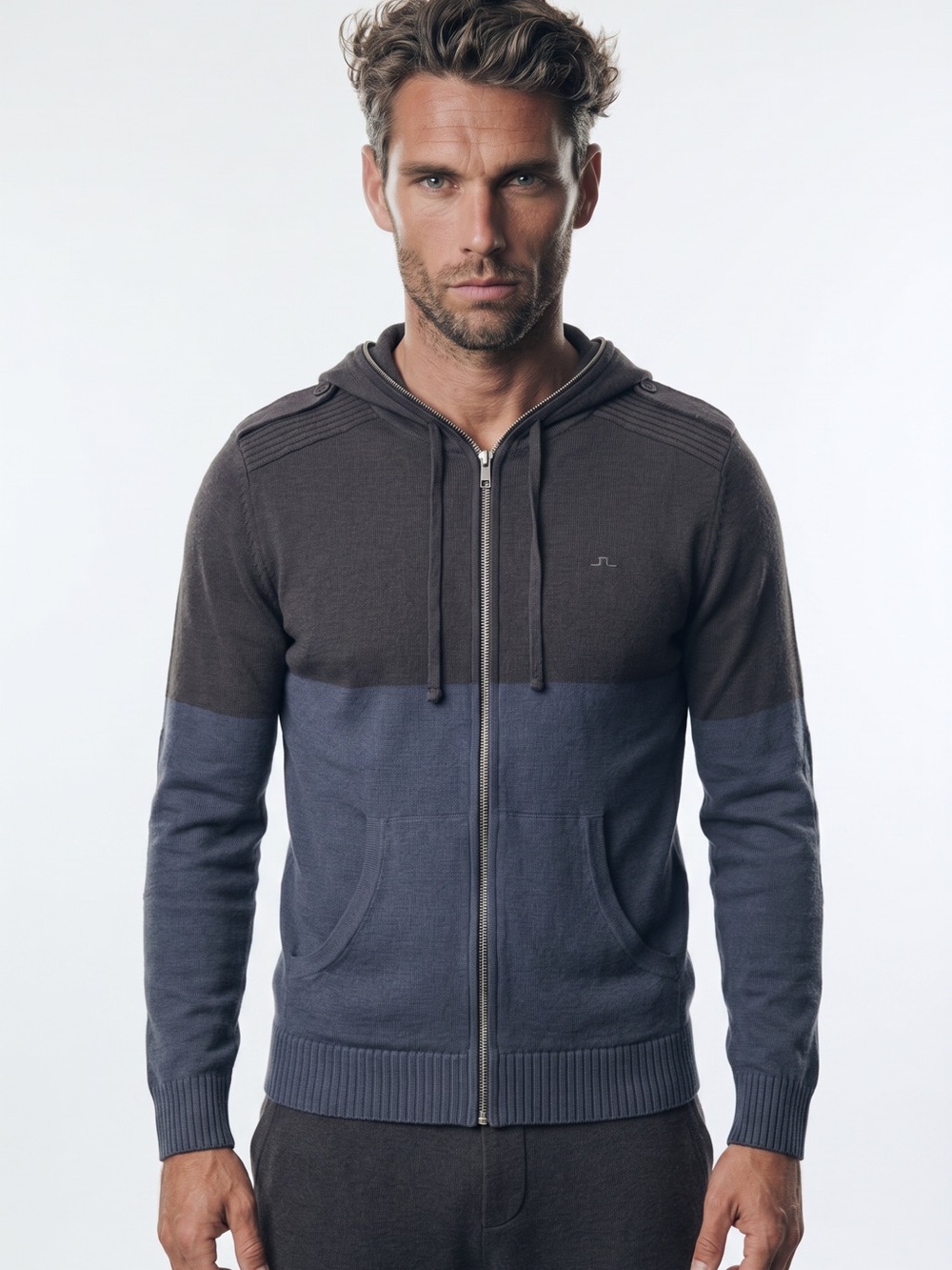 ♻️  J. Lindeberg Men’s Full-Zip Knit Hoodie 🧵 Ribbed Moto Panels‎ | Size L